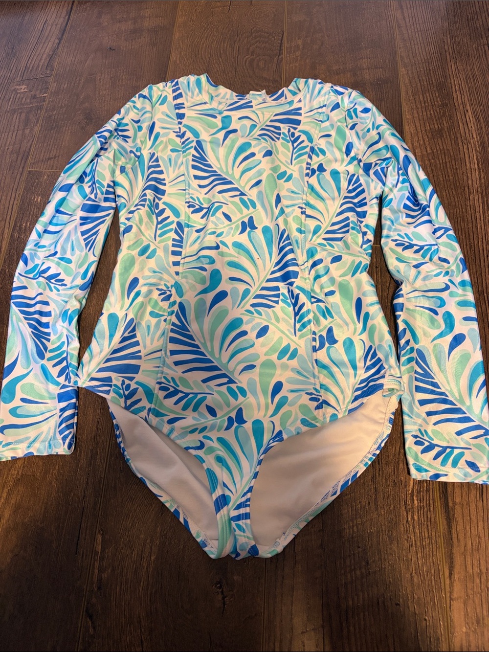 Kids Long Sleeve One-Piece Rash Guard Swimsuit - Blue Teal Leaf Print
